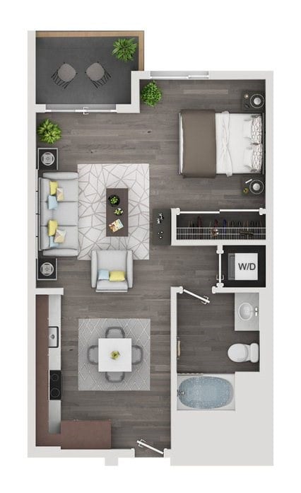Floor plan for studio, 1 bath, 617 sqft